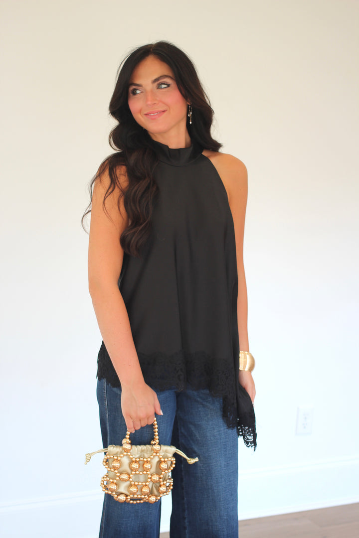 Lace Hem High Neck Blouse