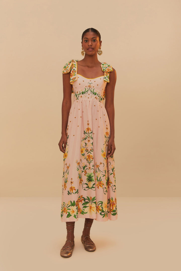 Pink Botanical Beauty Shoulder Bow Midi Dress
