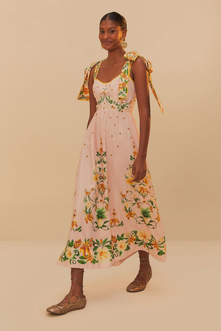 Pink Botanical Beauty Shoulder Bow Midi Dress
