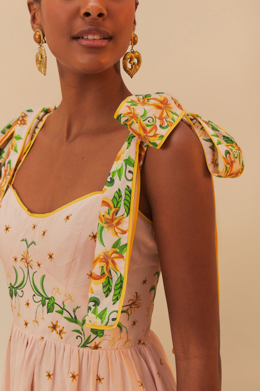 Pink Botanical Beauty Shoulder Bow Midi Dress