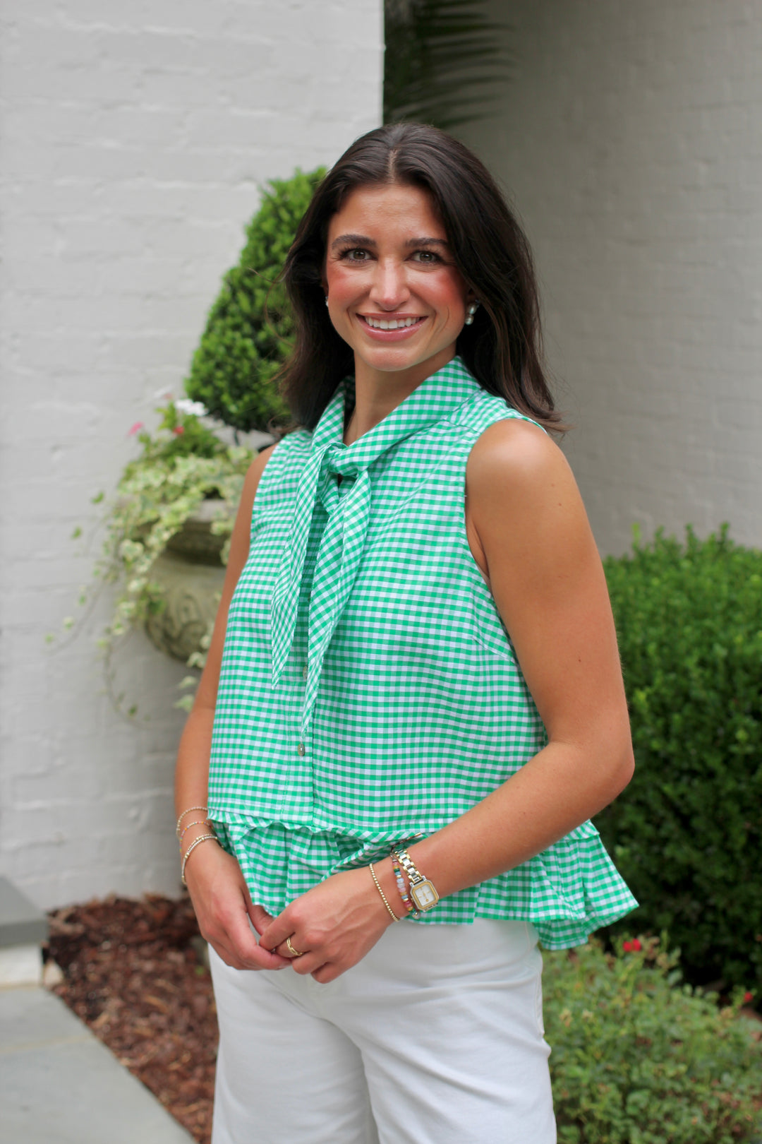 Gingham Tie Neck Top