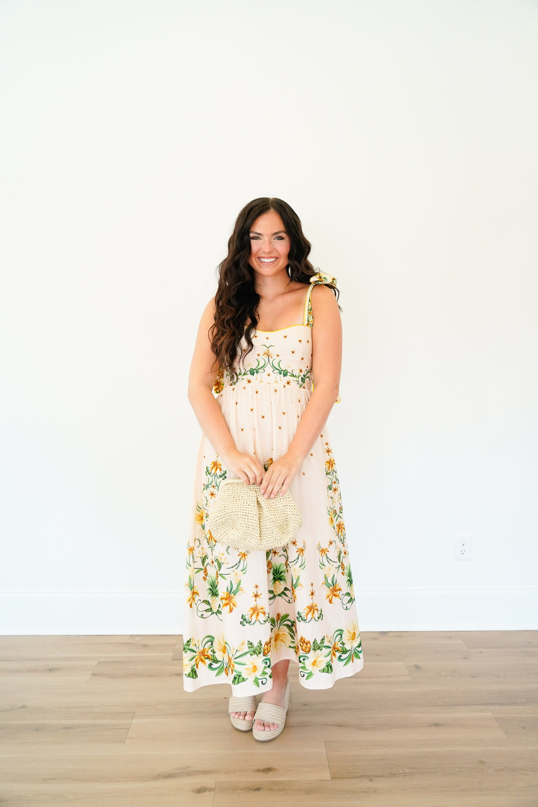 Pink Botanical Beauty Shoulder Bow Midi Dress