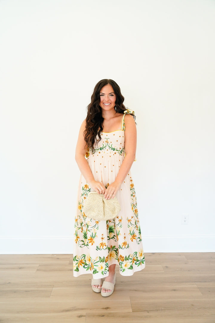 Pink Botanical Beauty Shoulder Bow Midi Dress