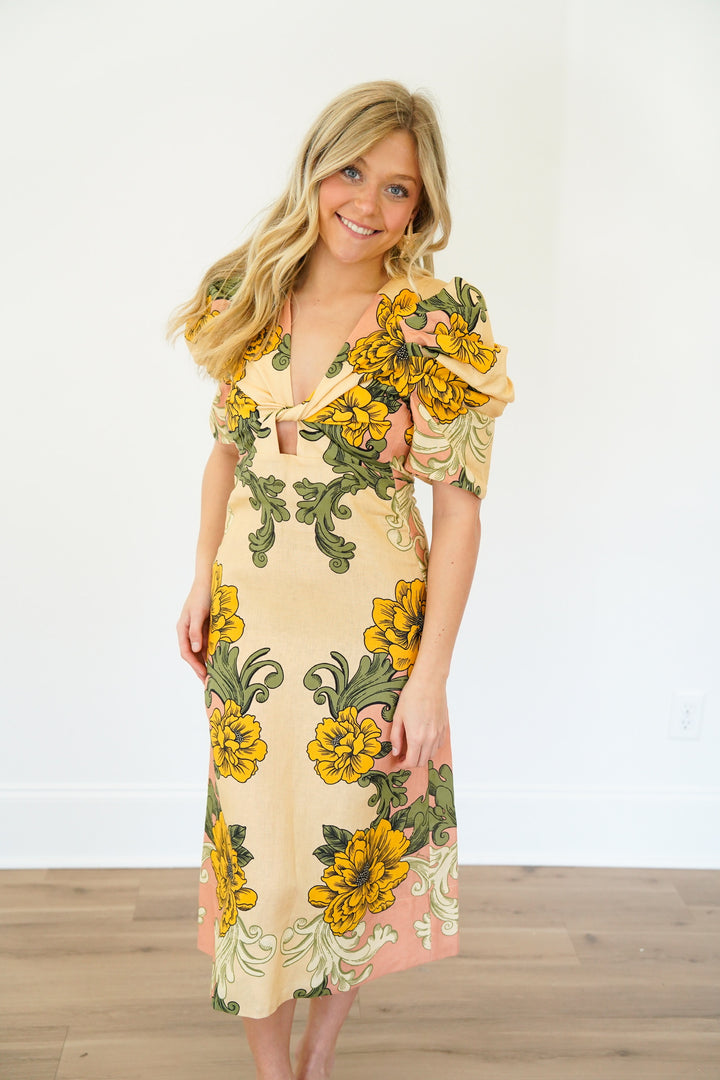 Cream Delicate Flower Arabesques Linen Midi Dress