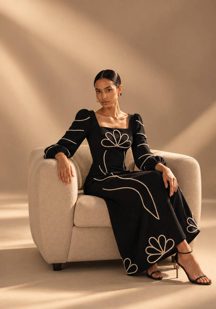 Imogene Dress in black with cream embroidery
