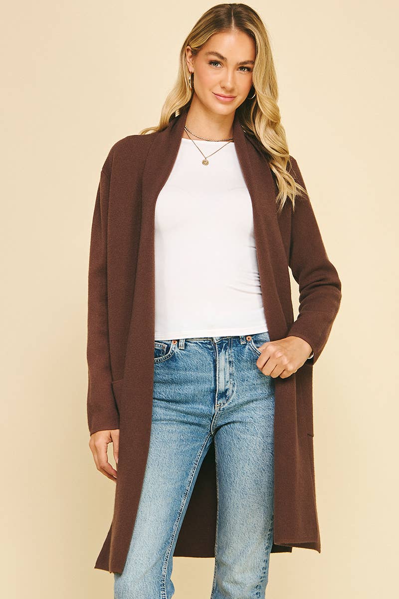 Carolyn Cardigan in Espresso — side view showing the drape