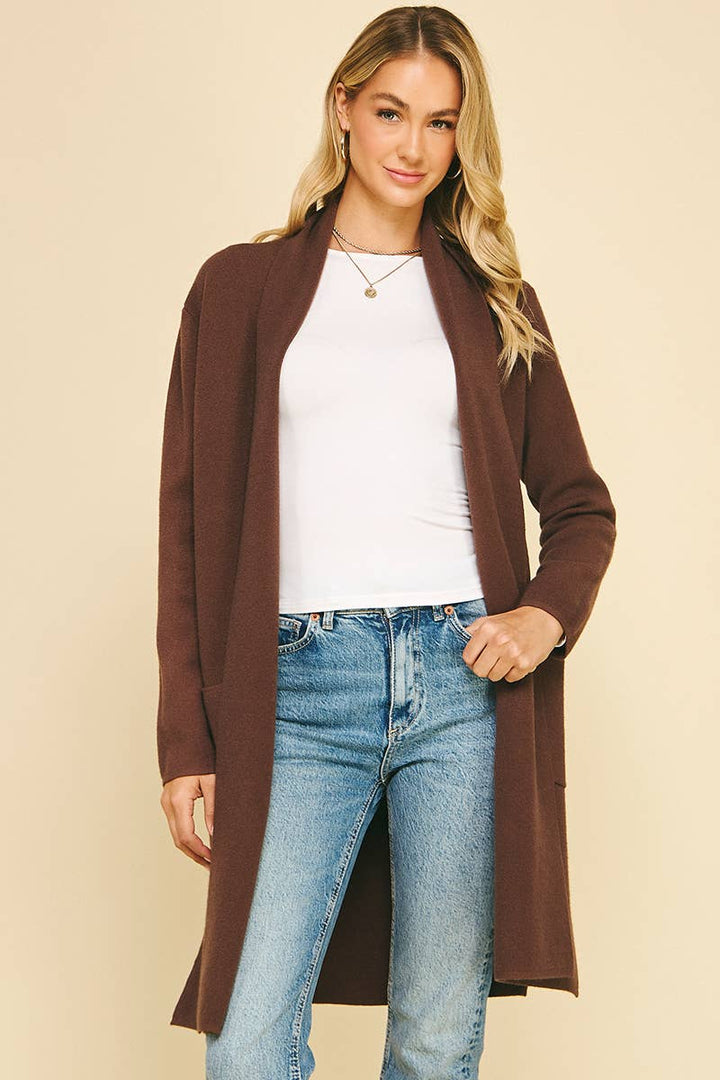 Carolyn Cardigan in Espresso — side view showing the drape