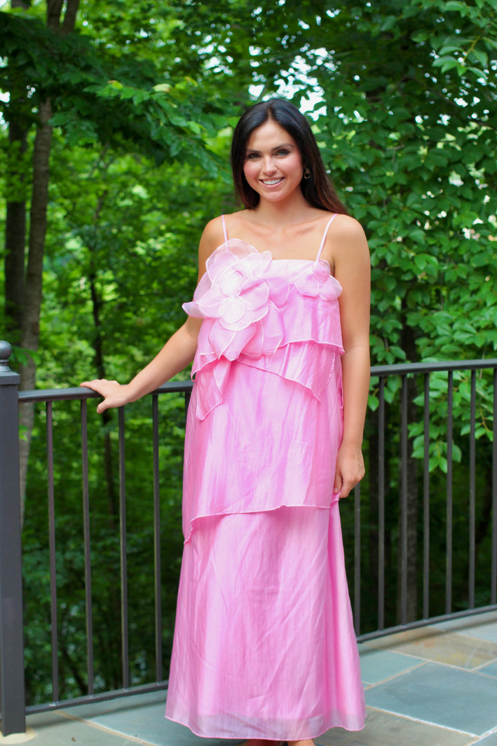 3d Floral Applique Tiered Maxi Dress