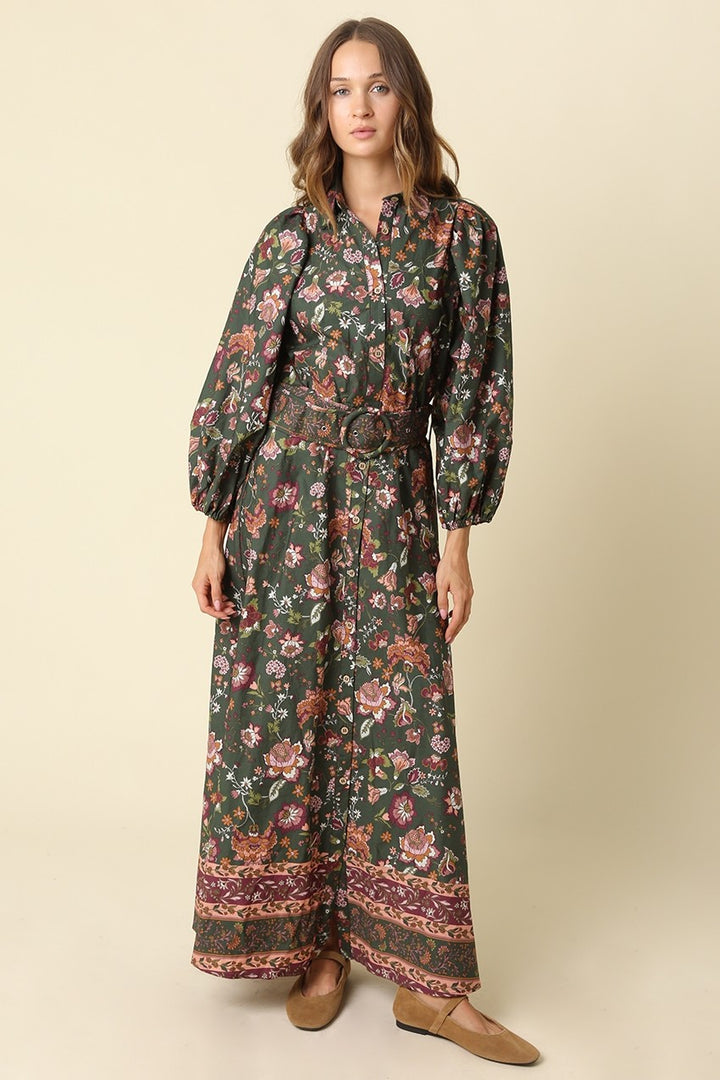 Annelise Dress in Dk Green Mauve - front