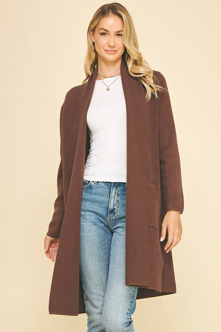 Carolyn Cardigan in Espresso — open-front knit duster with front pockets