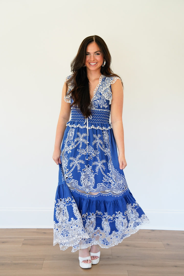 Blue Romantic Richelieu Maxi Dress