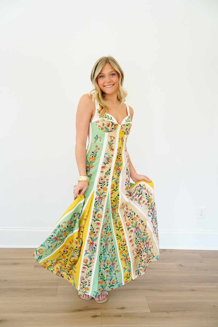 Multicolor Delicate Floral Stripes Maxi Dress
