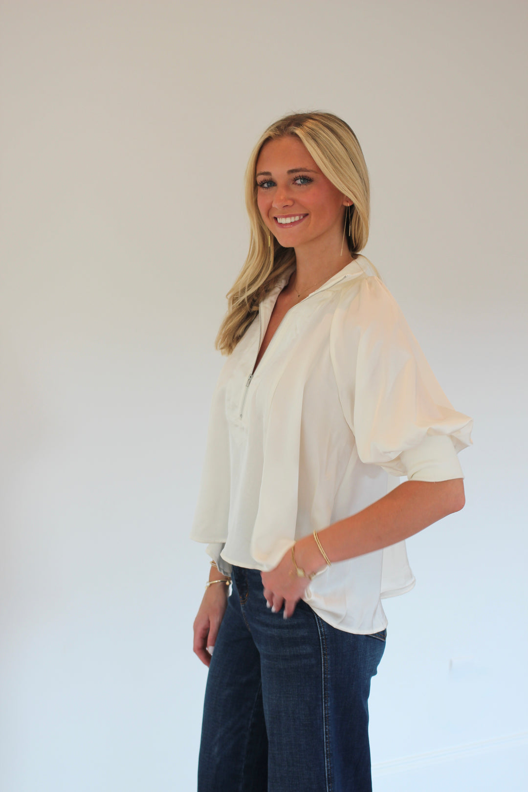 Mock Neck Puff Sleeve Blouse