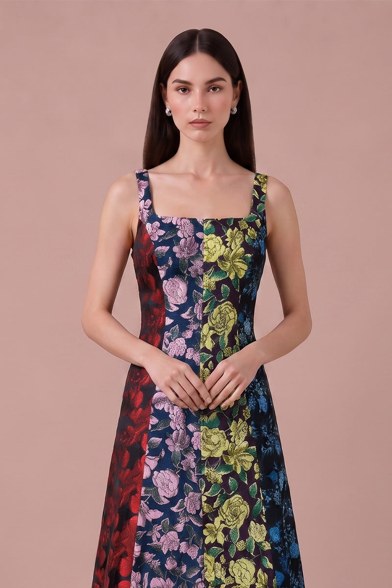Liliana Dress in Black Multi floral jacquard - detail