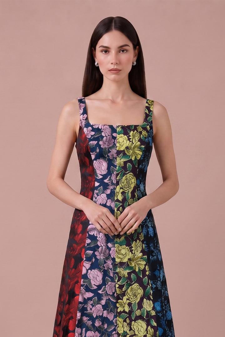 Liliana Dress in Black Multi floral jacquard - detail