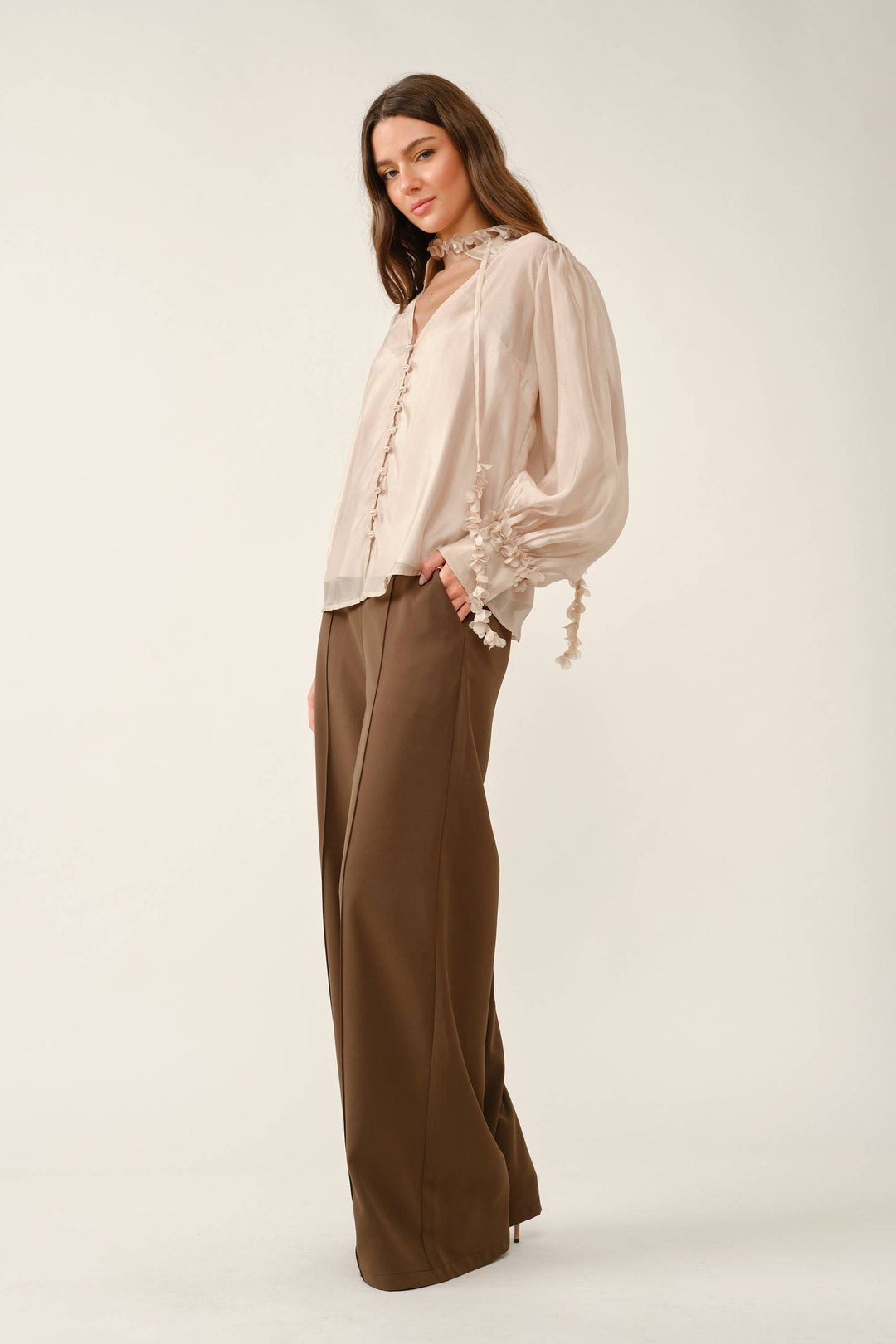 Lisette Blouse in champagne — pearl button front detail