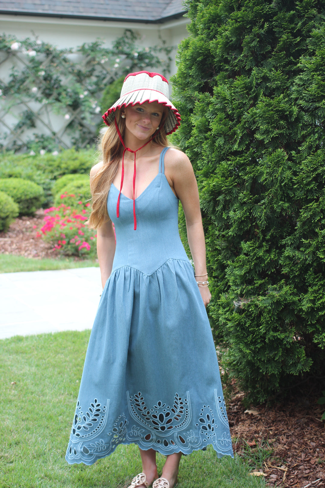 Denim Eyelet Scallop Hem Dress