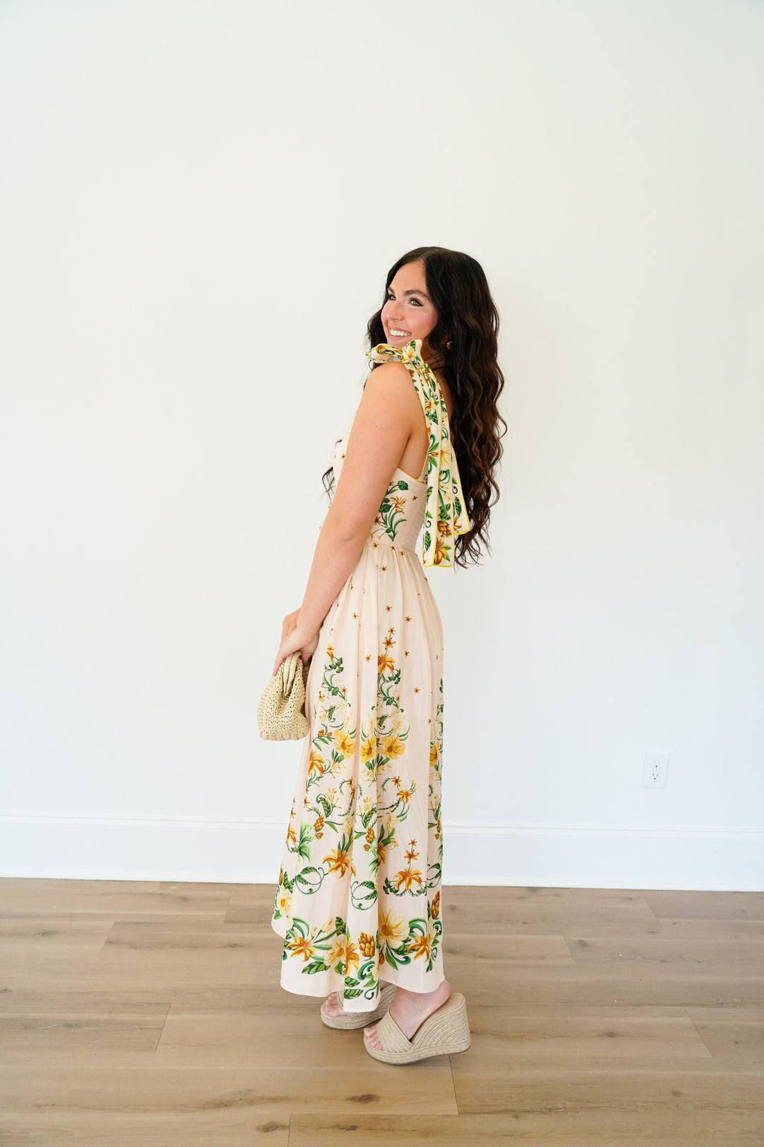 Pink Botanical Beauty Shoulder Bow Midi Dress