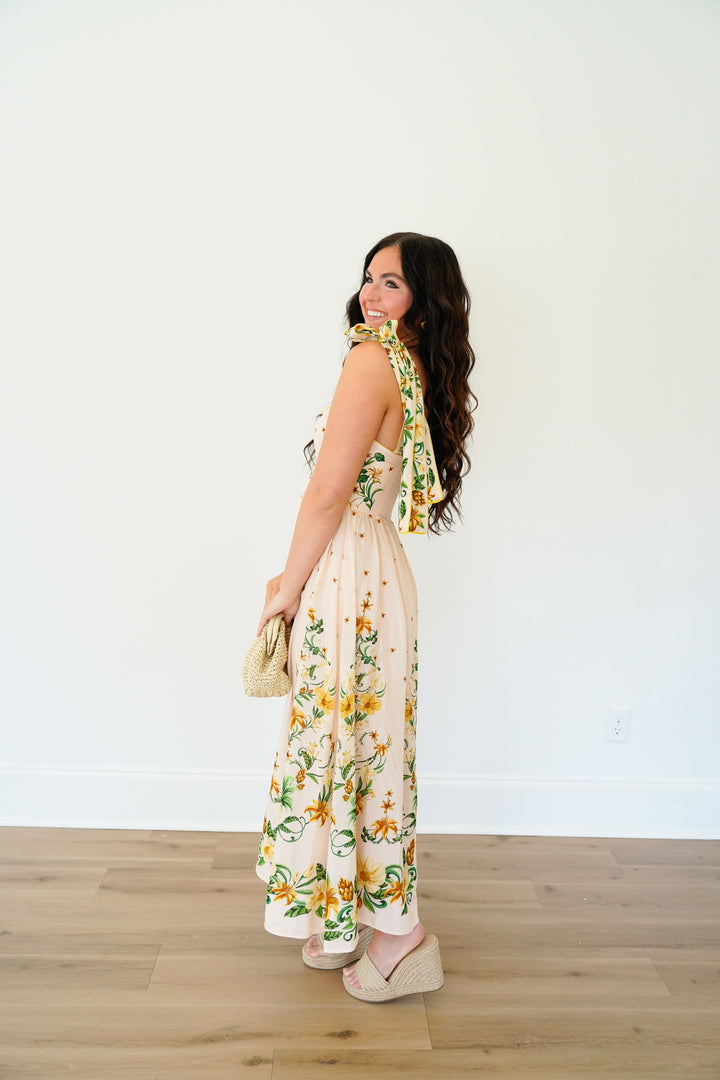 Pink Botanical Beauty Shoulder Bow Midi Dress