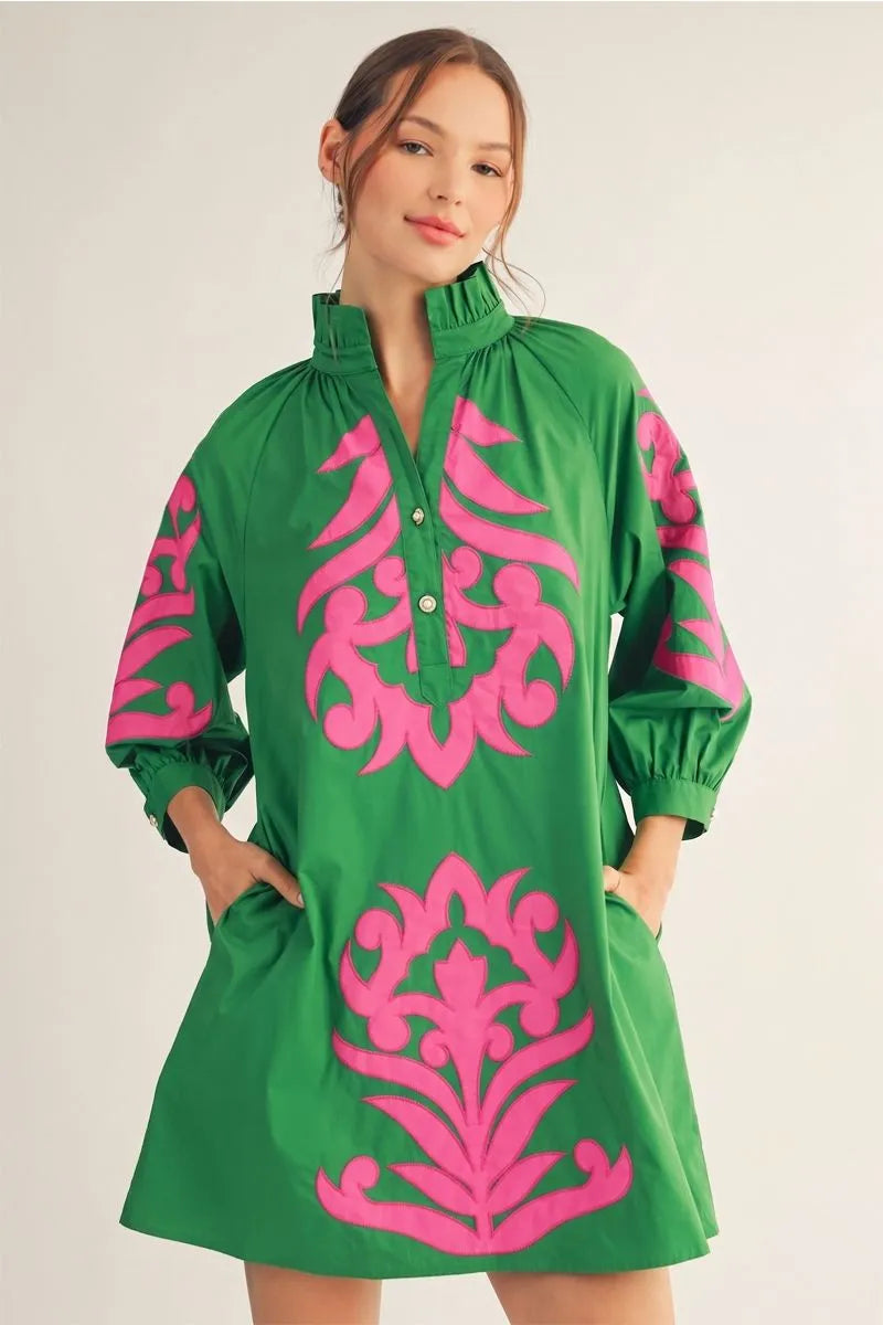 Marguerite Dress in rose/green — green cotton shift with pink baroque applique