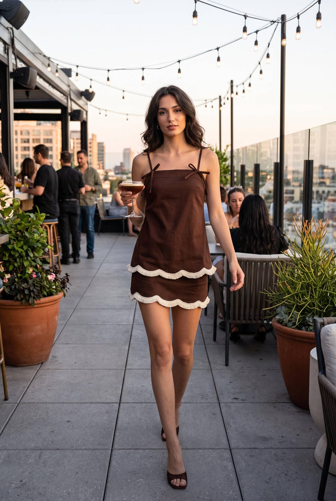 Marlee Set in chocolate brown with cream scallop fringe