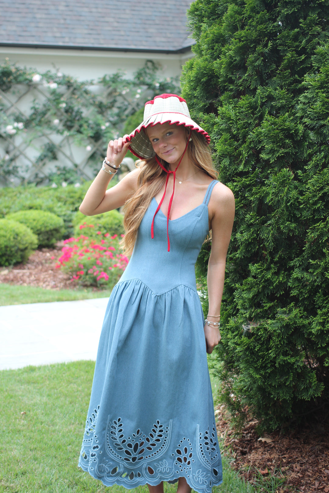 Denim Eyelet Scallop Hem Dress