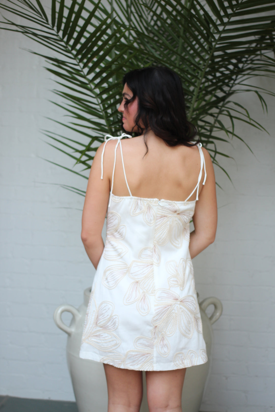 Embroidered Tie Strap Mini Dress