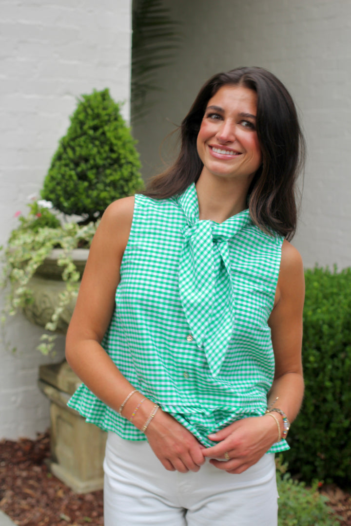 Gingham Tie Neck Top