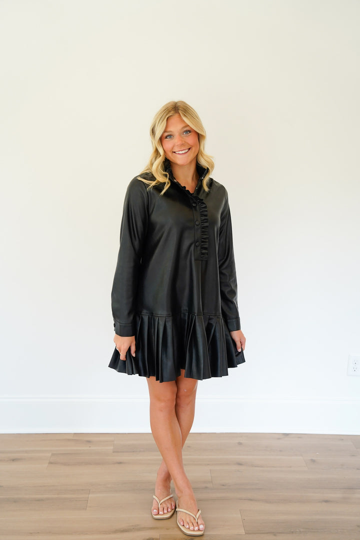 Pleated Leather Mini Dress