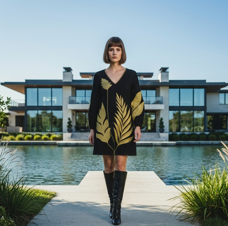 Caitlyn Dress in black with gold leaf embroidery