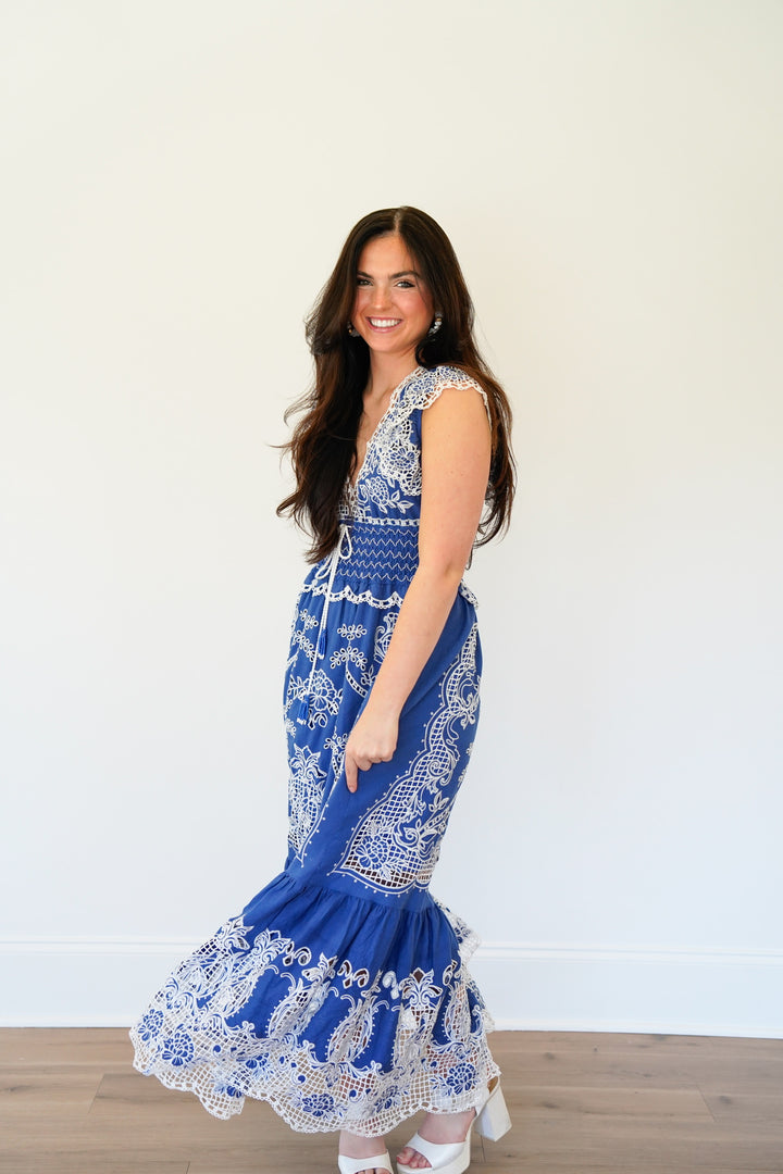 Blue Romantic Richelieu Maxi Dress