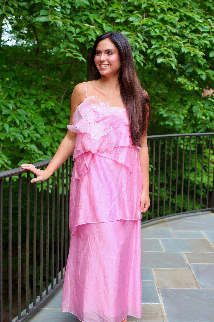 3d Floral Applique Tiered Maxi Dress