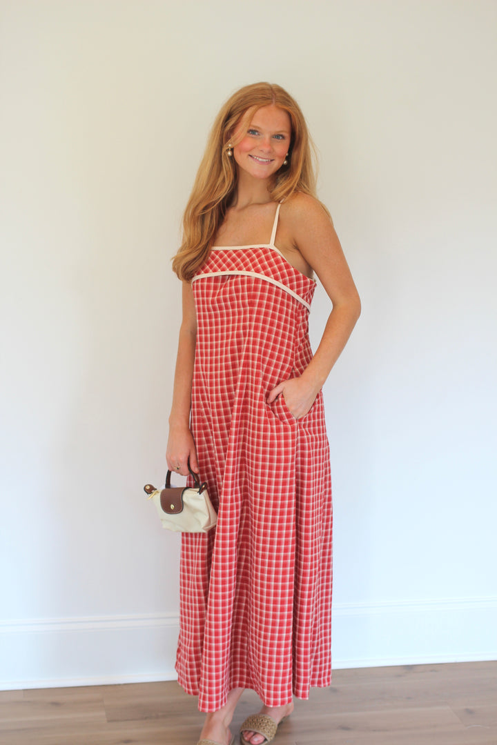 Cherry Gingham Spaghetti Midi