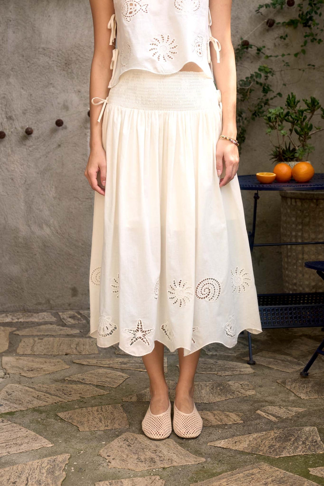 Nautical Eyelet Smocked Midi Skirt