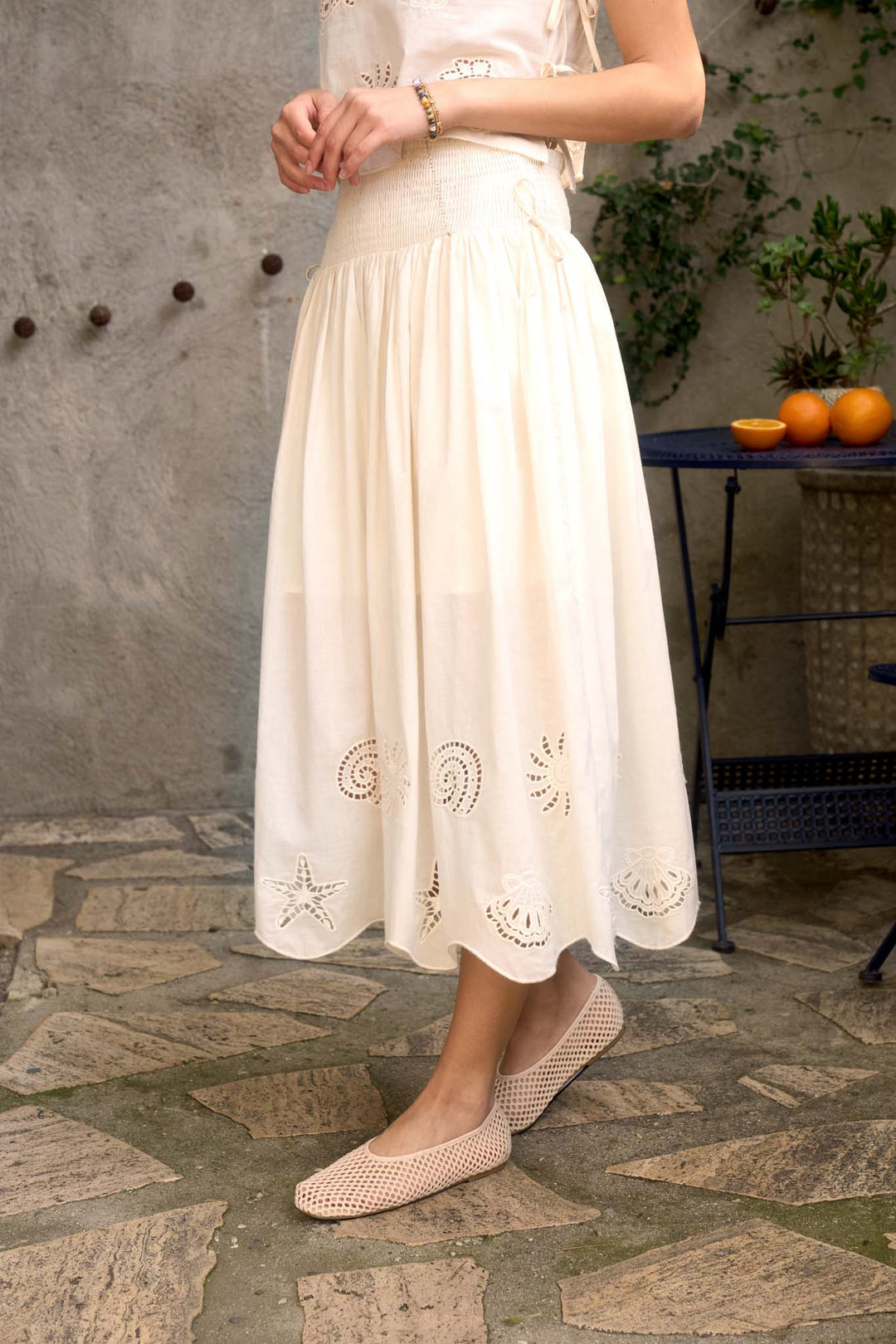 Nautical Eyelet Smocked Midi Skirt
