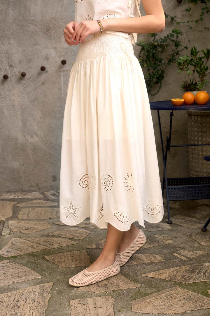 Nautical Eyelet Smocked Midi Skirt