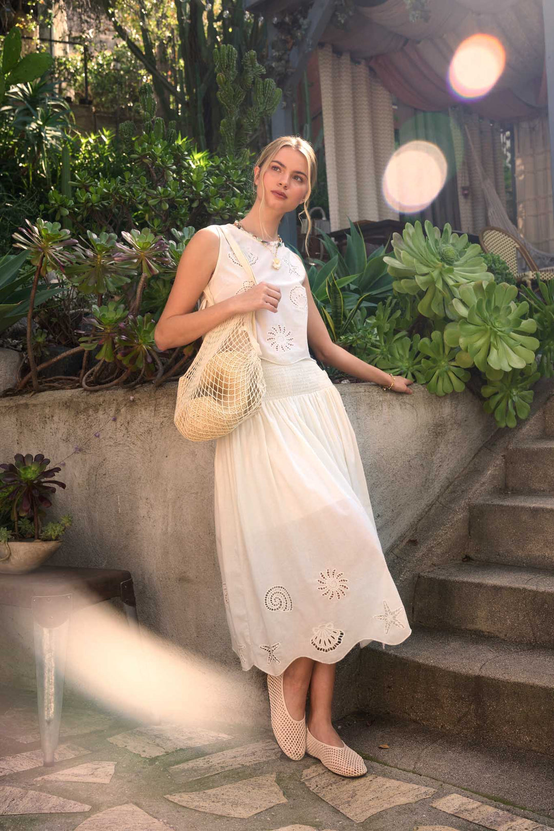 Nautical Eyelet Smocked Midi Skirt