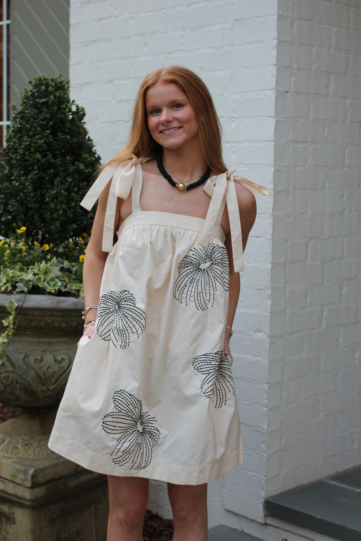 Embroidered Tie Shoulder Dress
