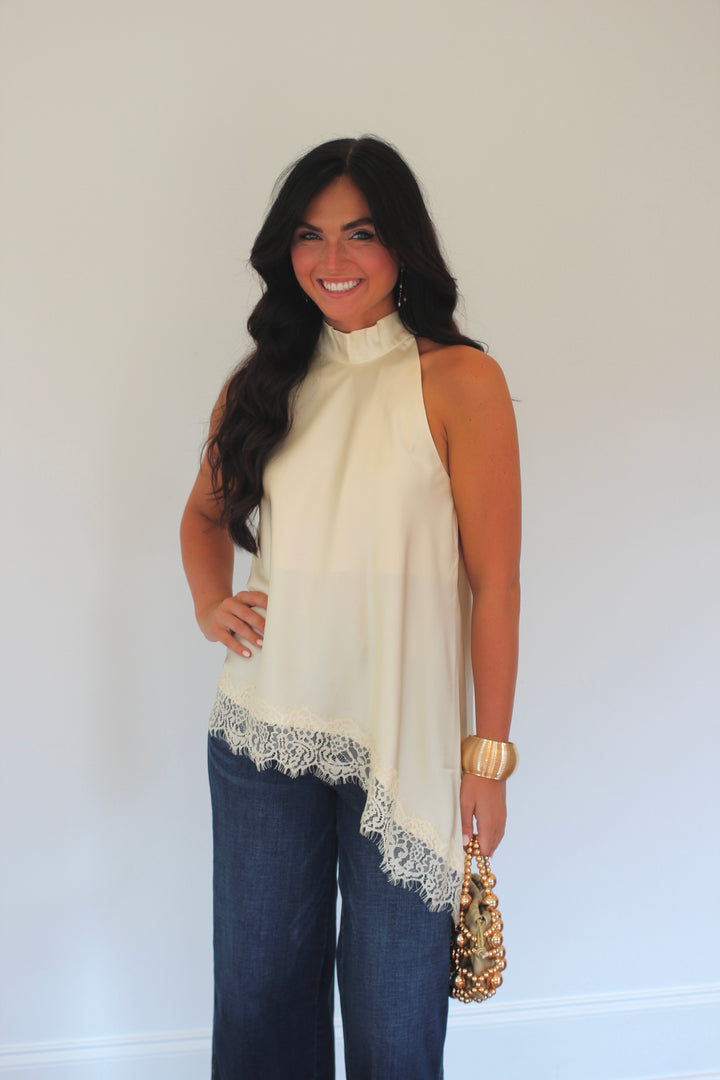 Lace Hem High Neck Blouse