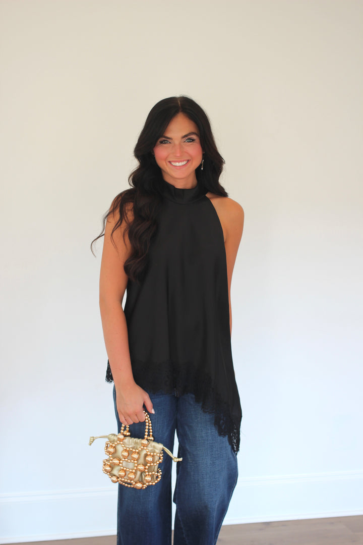 Lace Hem High Neck Blouse