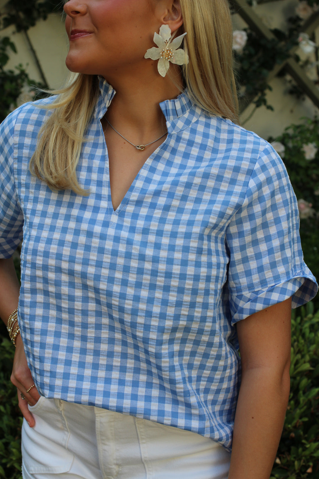 Gingham Ruffle Neck Top