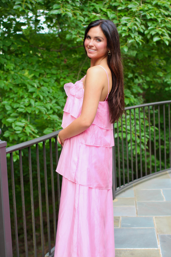 3d Floral Applique Tiered Maxi Dress