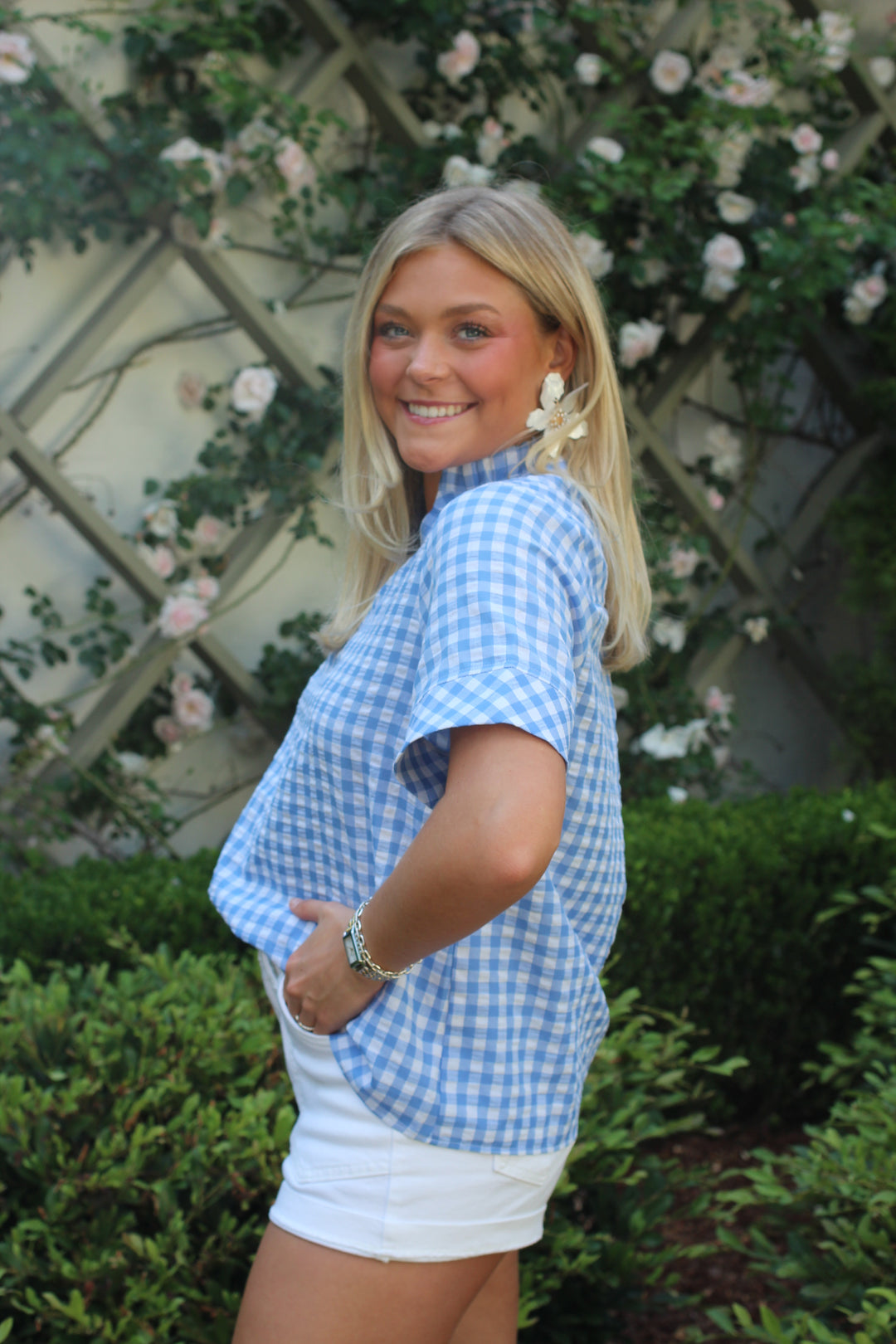 Gingham Ruffle Neck Top