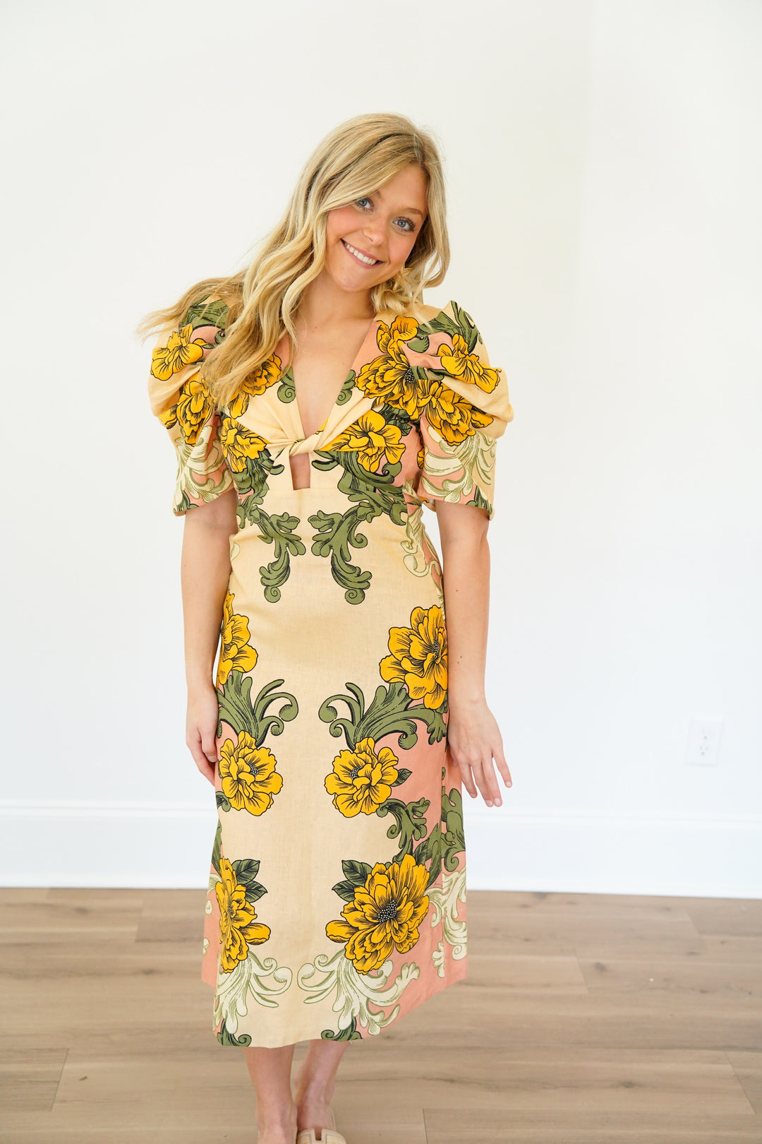 Cream Delicate Flower Arabesques Linen Midi Dress