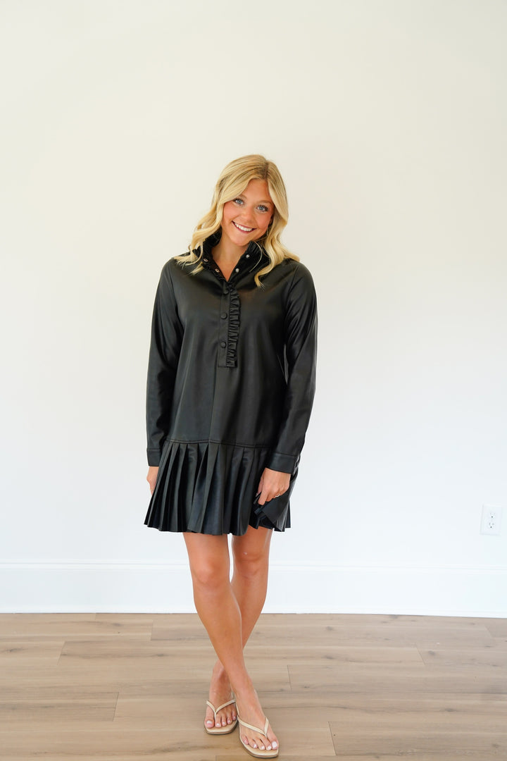 Pleated Leather Mini Dress