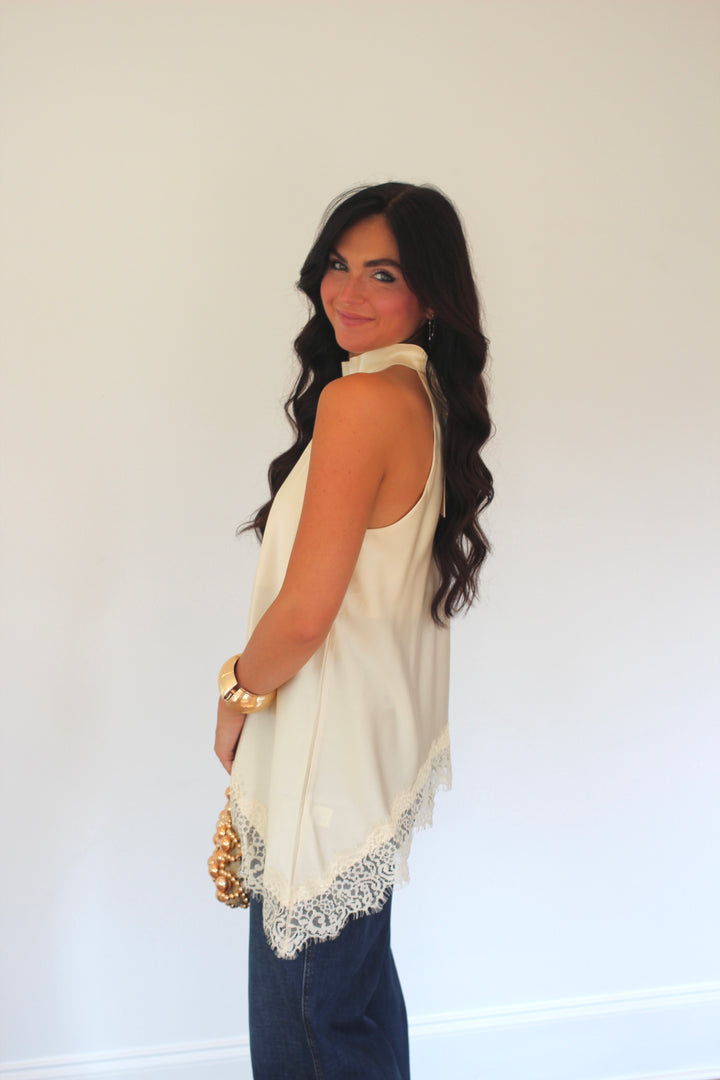 Lace Hem High Neck Blouse
