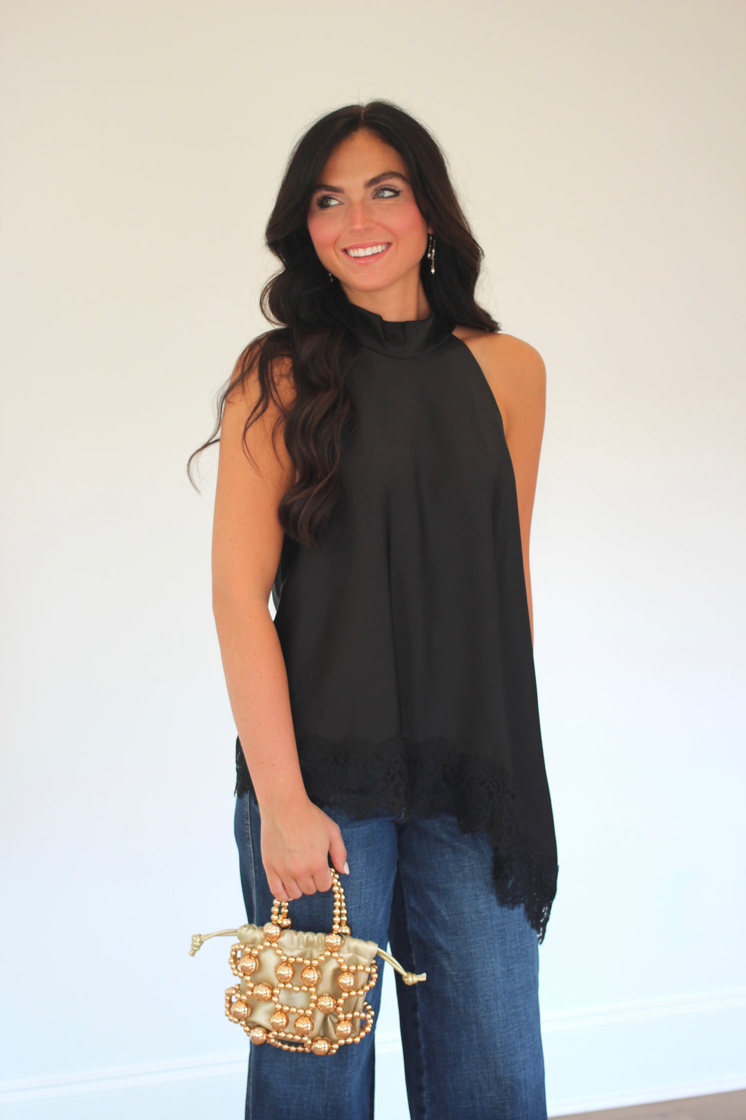 Lace Hem High Neck Blouse