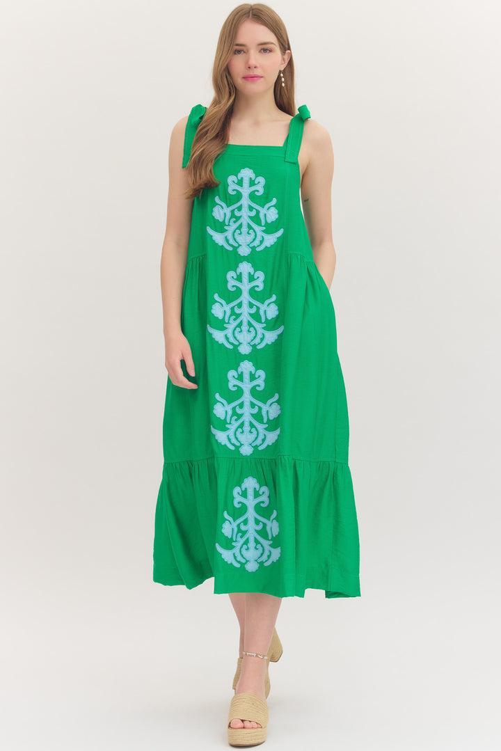 Rosemary Appliqué Midi Dress in Green