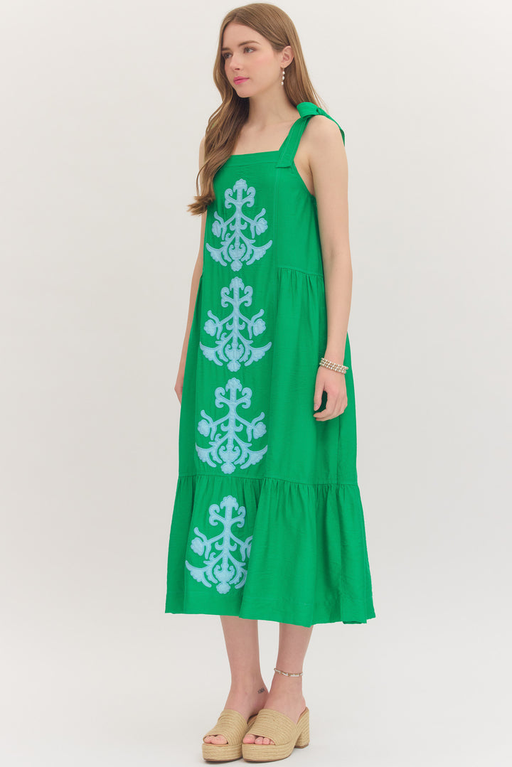 Rosemary Appliqué Midi Dress in Green