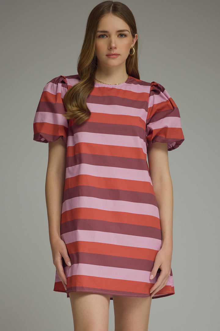 Anwen Dress - Berry Combo stripe puff-sleeve mini, front